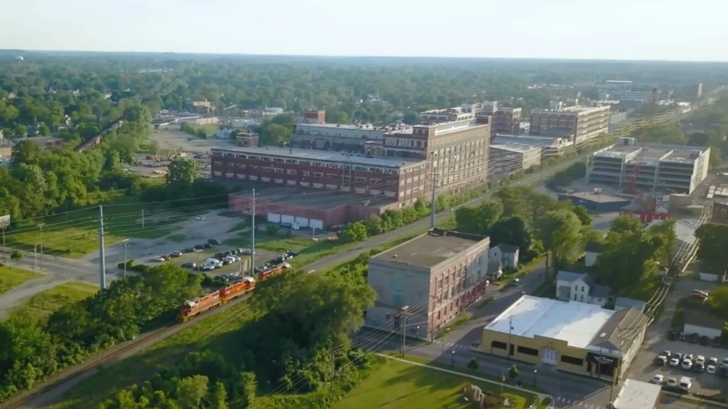 Image from a drone looking over Fort Wayne, Indiana.