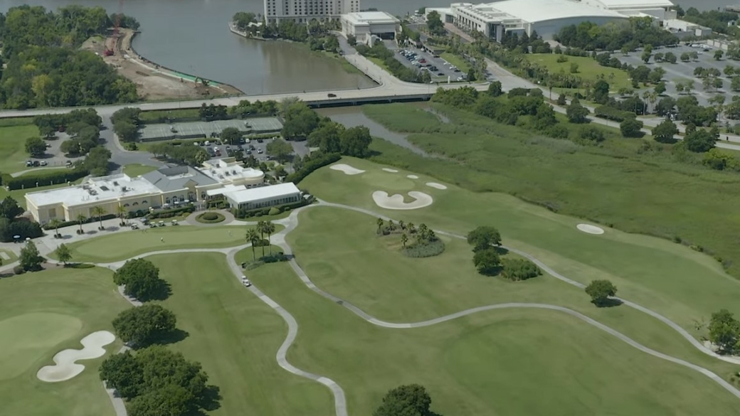 Aerial view of golf course and city of Savannah Georgia