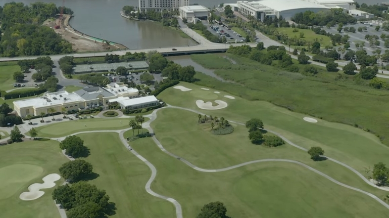 Aerial view of golf course and city of Savannah Georgia