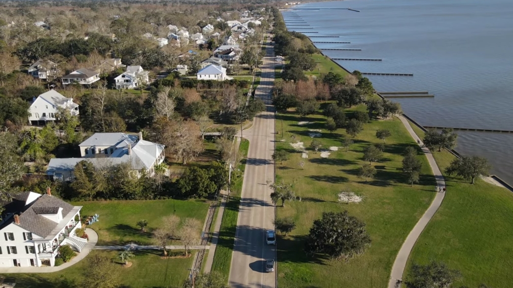Image from a drone flying over Mandeville, Louisiana.