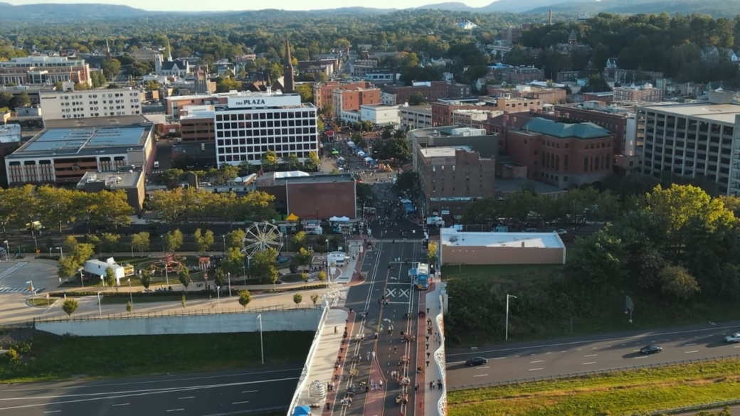 Image from a drone flying over New Britain, which is one of the best places to live in Connecticut for black families