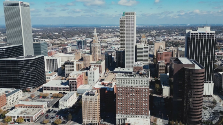 An image of Tulsa Oklahoma taken from a drone in the sky