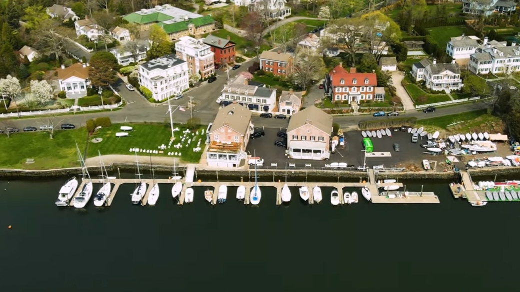 Drone image of boats in Southport, Connecticut