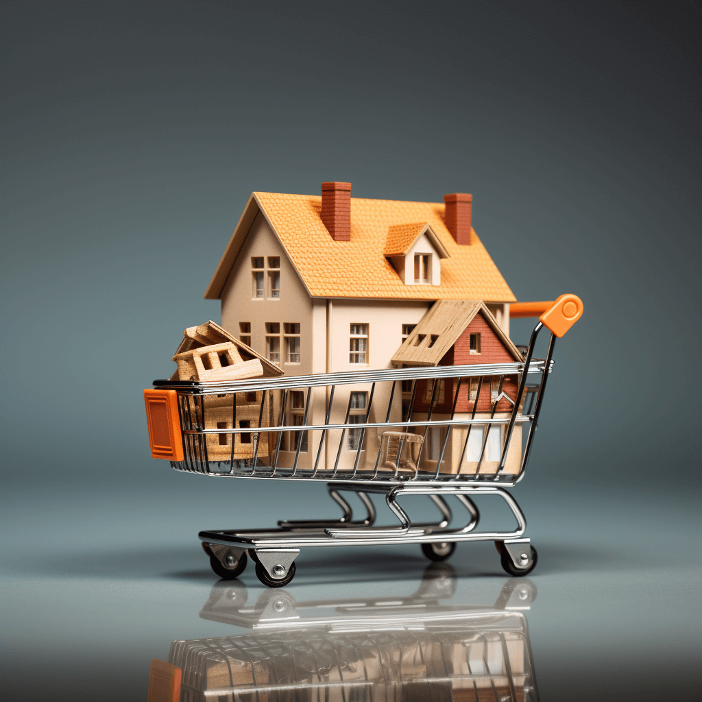 a shopping cart with model houses in it